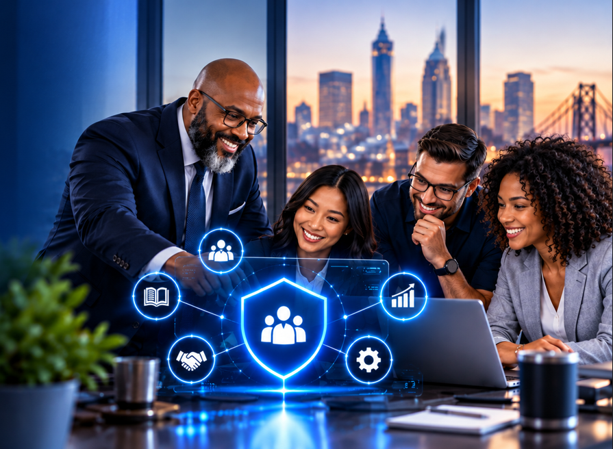Four smiling professionals collaborating around a blue holographic workforce training shield, with a daytime city skyline in the background.